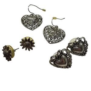 Silver Tone Earrings Pierced Set of 3 Hearts & Sunflowers Scrolled Chunky